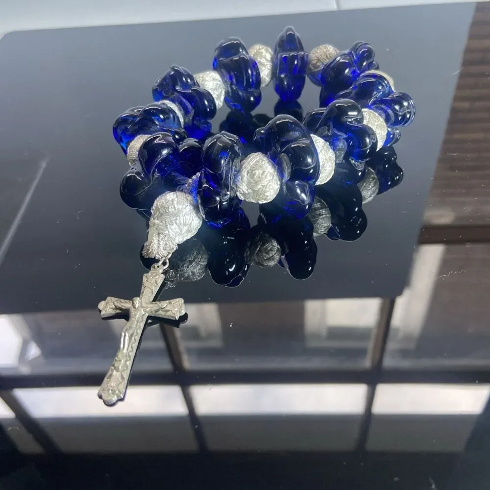 Vintage Italian Blue Murano Glass Rosary Beads Silver Tone Crucifix Handmade